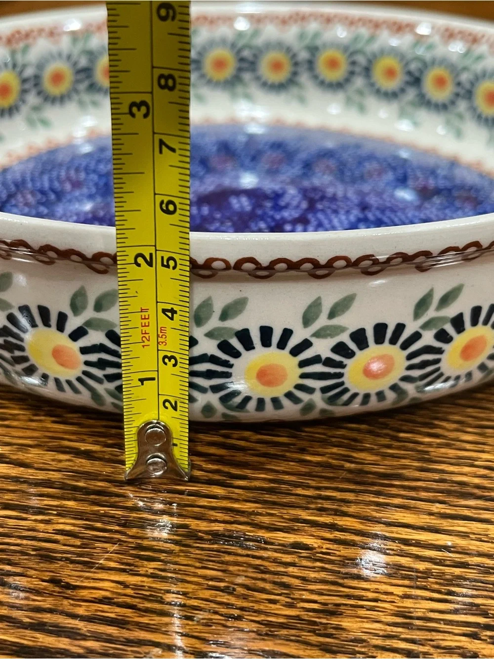 Vintage Polish Pottery Handled Baking Dish / Pie Plate – Floral Blue & White